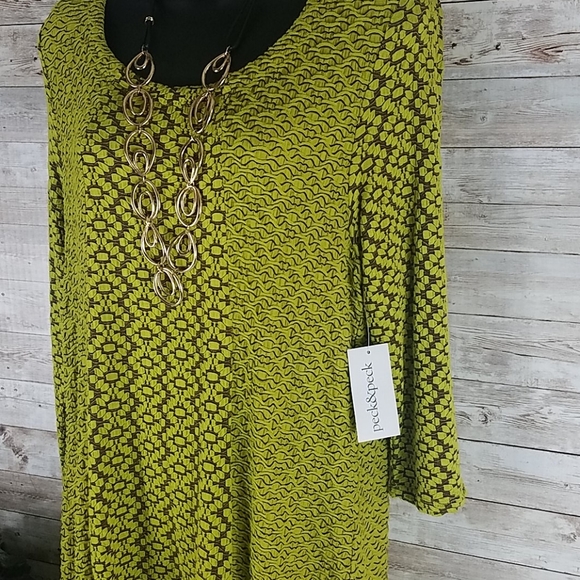 NWT, Peck and Peck Top, Chartreuse Boho Tunic or Dress Asymetrical Argyle, Sz L - Picture 4 of 11